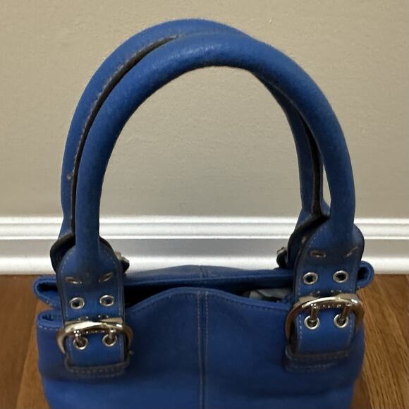 Tignanello Perfect 10 Handbag Purse Blue Pebbled Leather Double Handles - Picture 4 of 12
